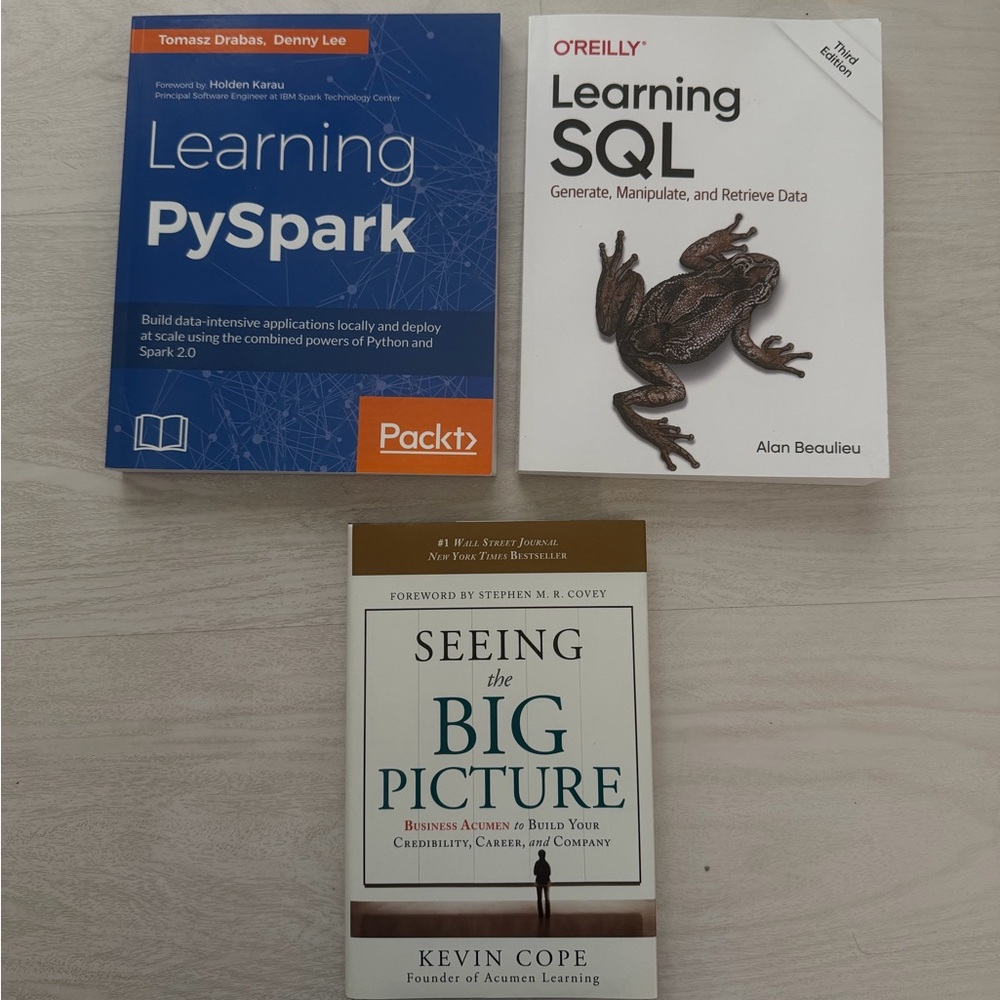 Pyspark book. Learning Sql by Alan Beaulieu. SEEING
the BIG PICTURE